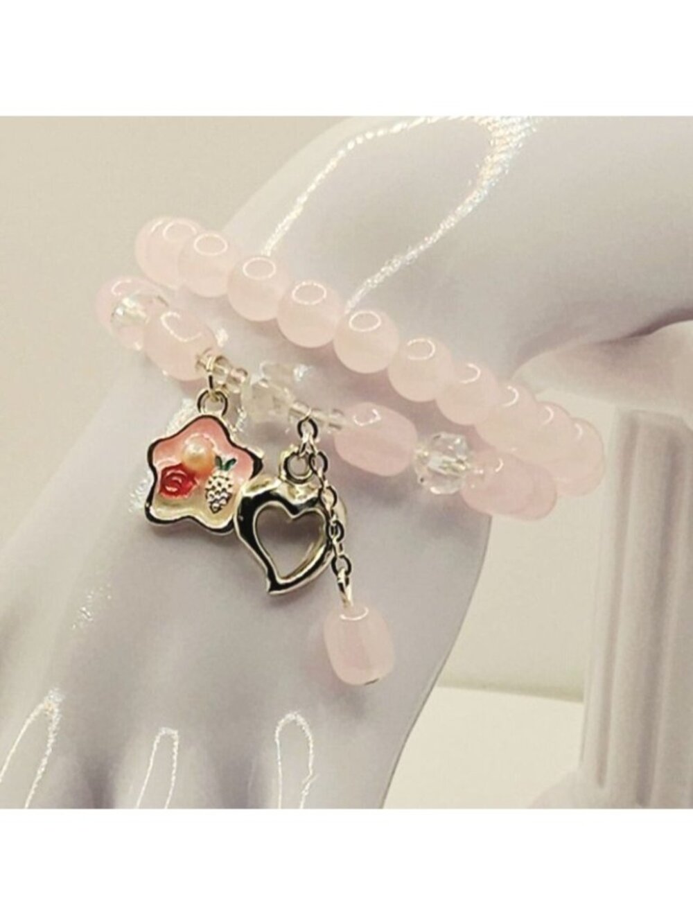 Pink Coquette Bracelet Stack, Heart Charm Bracelet, Soft Girl Jewelry, Layered